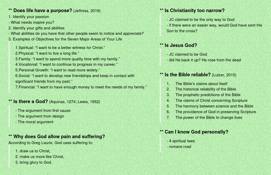 Meaning of life questions with answers, referencing Jeffress, Aquinas, Laurie, Jesus, Lutzer, Bright, and others